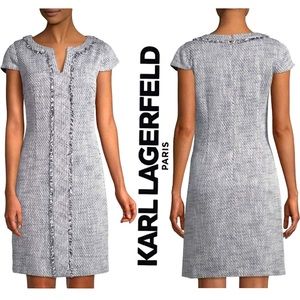 🛍️ KARL LAGERFELD Paris Cap Sleeve Tweed Navy & White Shift Dress - Size 8